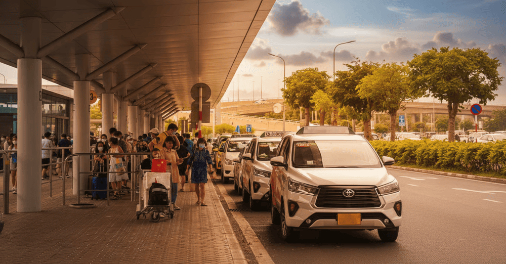 Khu vực bên ngoài ga đến có rất nhiều dịch vụ vận tải